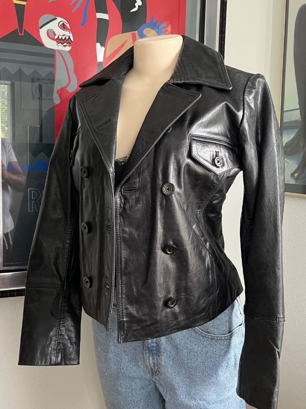 Vintage 00s American  Base Biker Style Black Leather Jacket Size M
